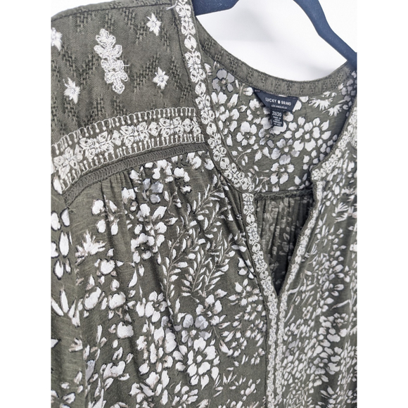 Lucky Brand Shirt Women 2X Green Floral Embroidered Boho Peasant Top Long Sleeve - Picture 3 of 11